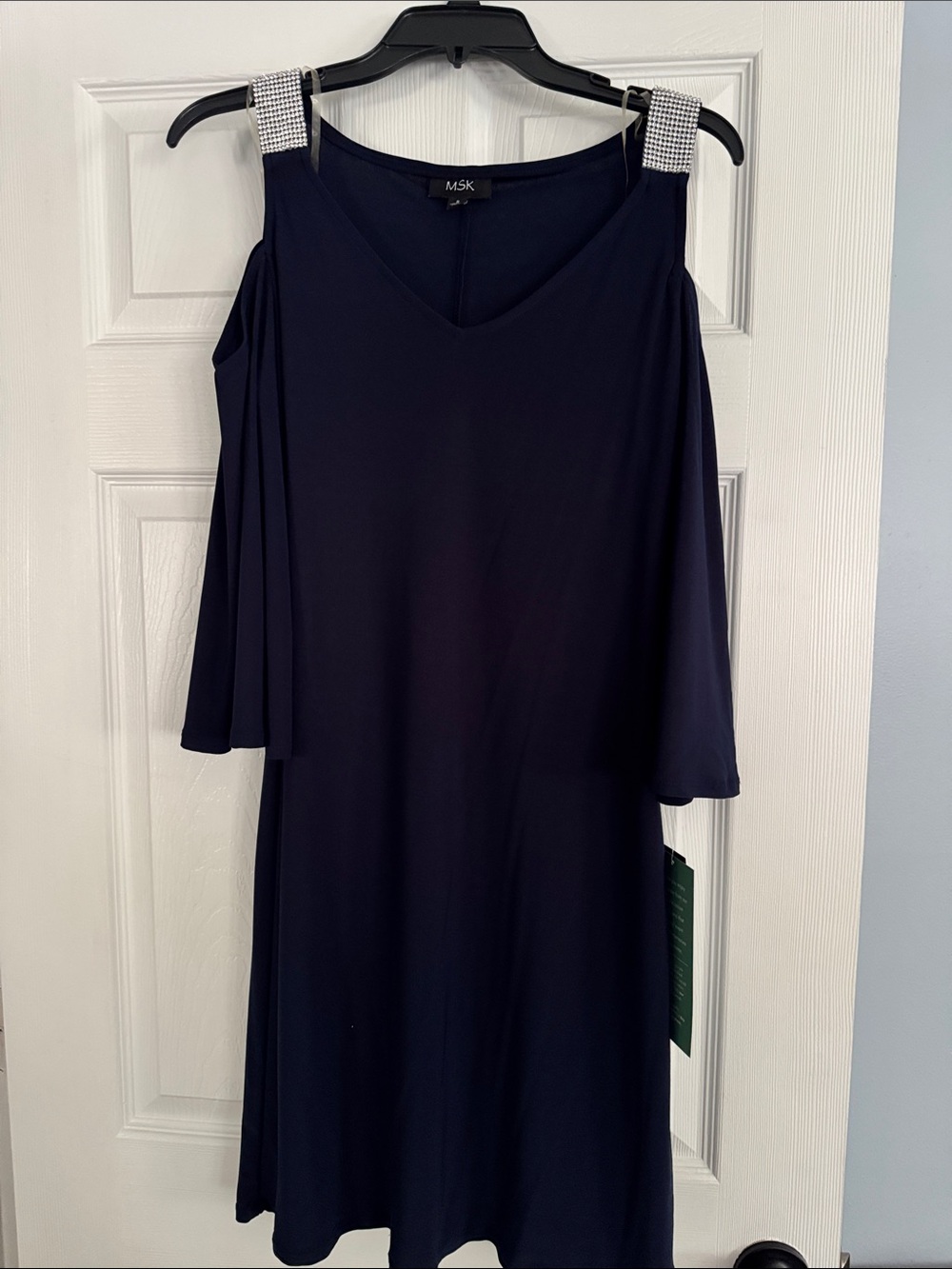 MSK Navy Cold-Shoulder Midi Dress with Rhinestone-Strap Accents